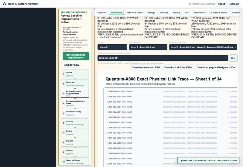 LINK-EW-N001-R01 opens VIEW-TRACE-EW-P3-0001. The source screenshot clips the far-right endpoint; use the physical ledger export for the complete connection.