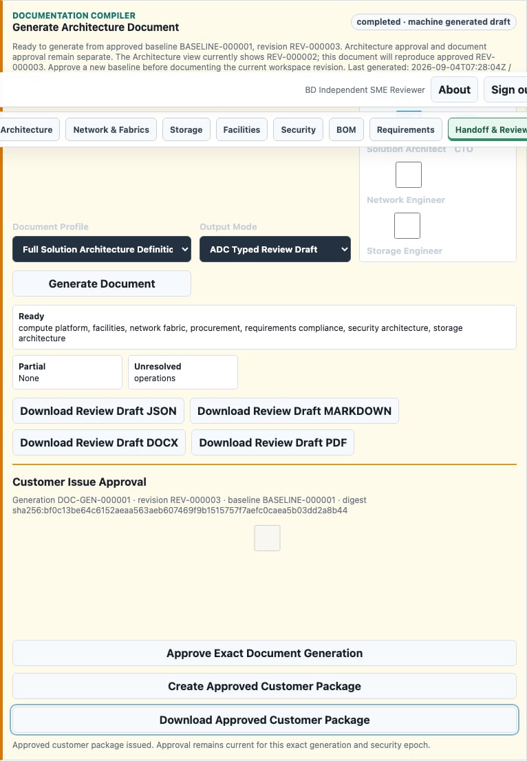 DOC-GEN-000001 is tied to REV-000003 and BASELINE-000001. The GUI separates document approval from generating the draft.